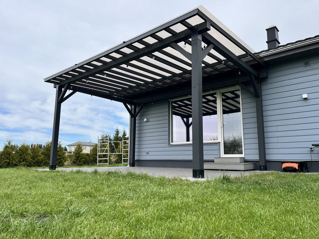 Modular DIY canopy by Terases, 6m by 4m, showing adjustable frame and fabric cover for outdoor shade and shelter.