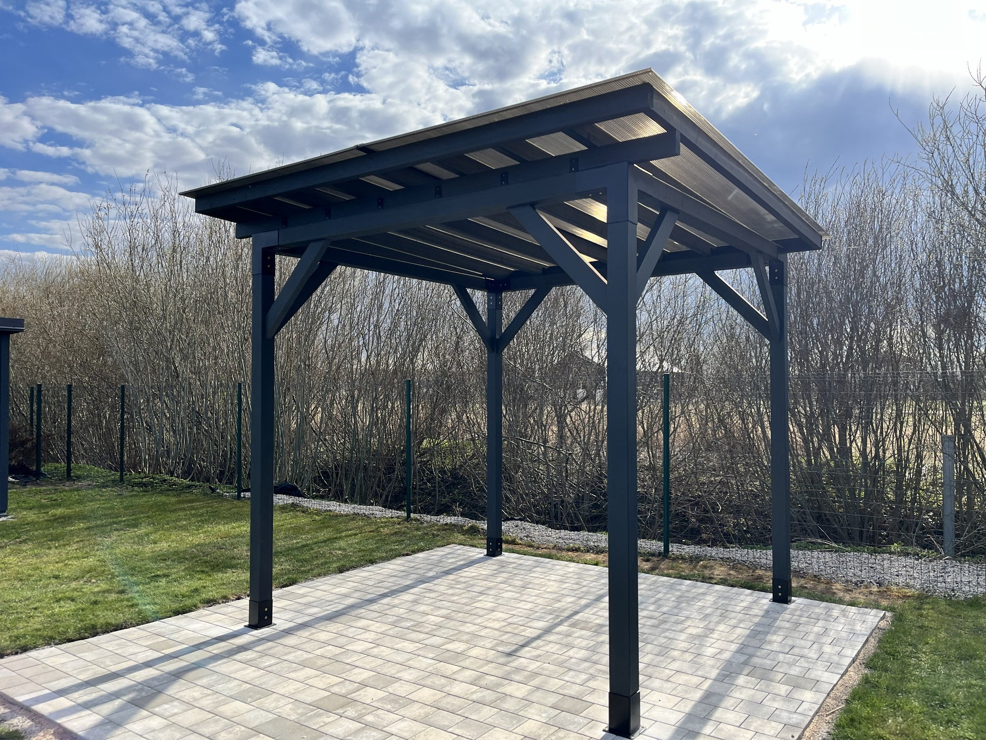 Modular DIY canopy by Terases, 3.5m by 3.5m, showing the assembled aluminum frame with fabric cover for outdoor shading.