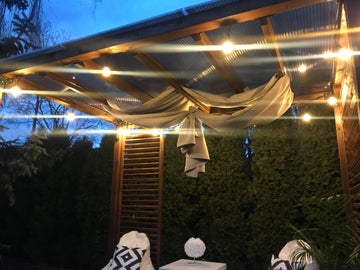 Outdoor setting with string lights and draped fabric under a wooden structure at night.