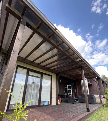 Modern house exterior with wooden deck and patio furniture under a clear blue sky.