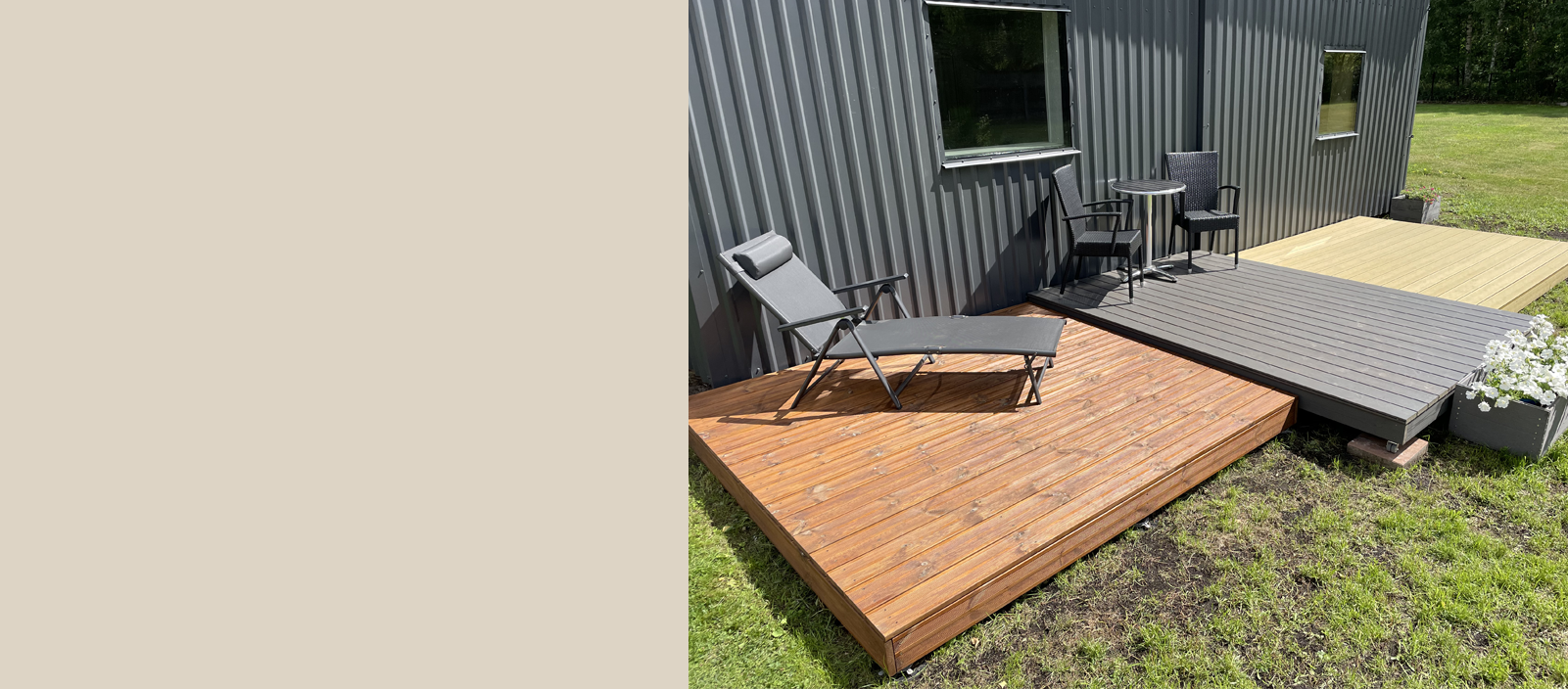 Different Wooden decks with outdoor furniture in front of a building.slider_item_af3fq6