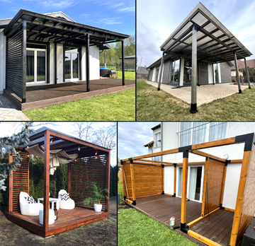 Collage of four images showing outdoor canopies and patios.