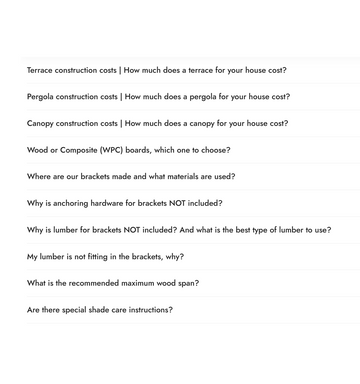 Text-based image with questions about terrace, pergola, and canopy construction costs.